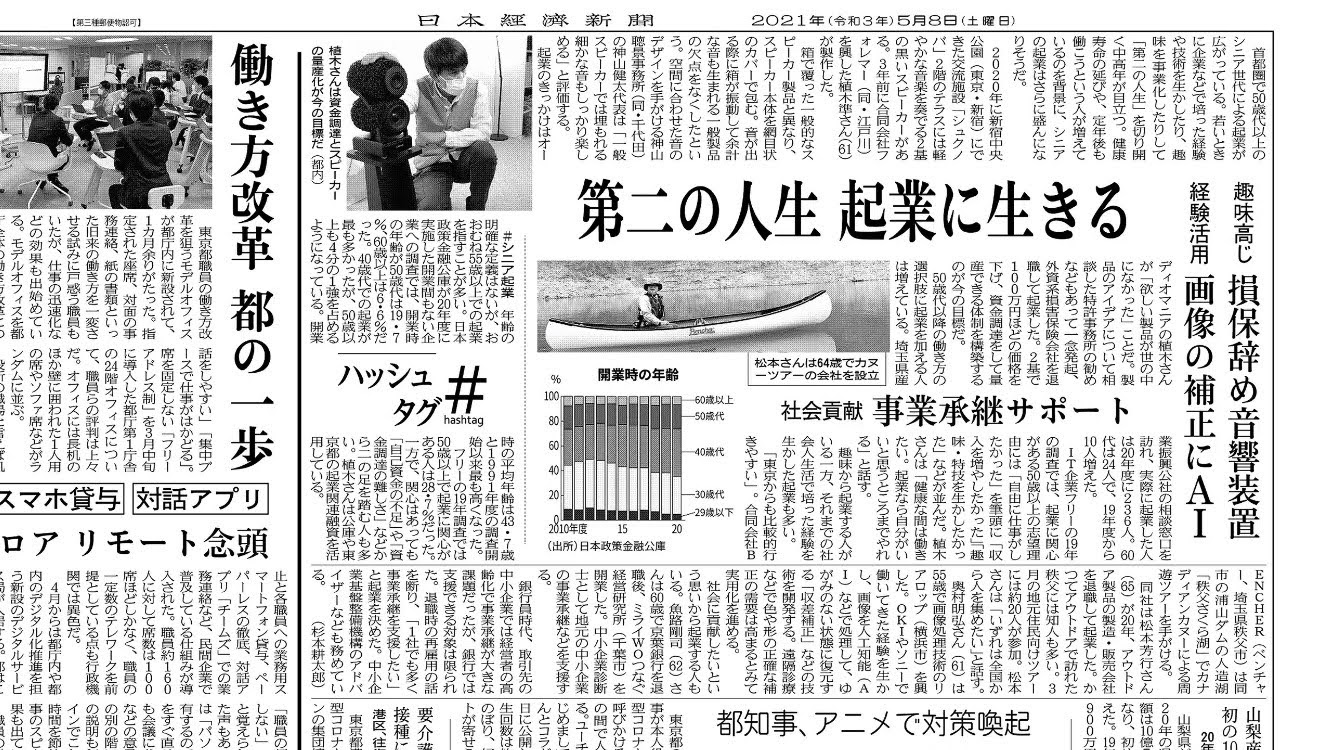 日本経済新聞　全国版　5月8日付　「第二の人生　起業に生きる」記事内にてBENCHERが紹介されました！